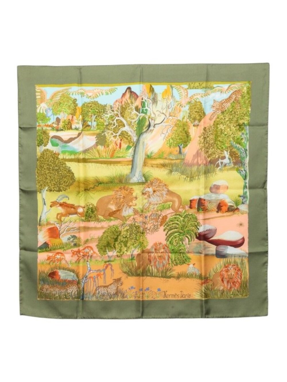 Hermes Carre 90 Nuba Mountain Scarf Green Multicolor Silk